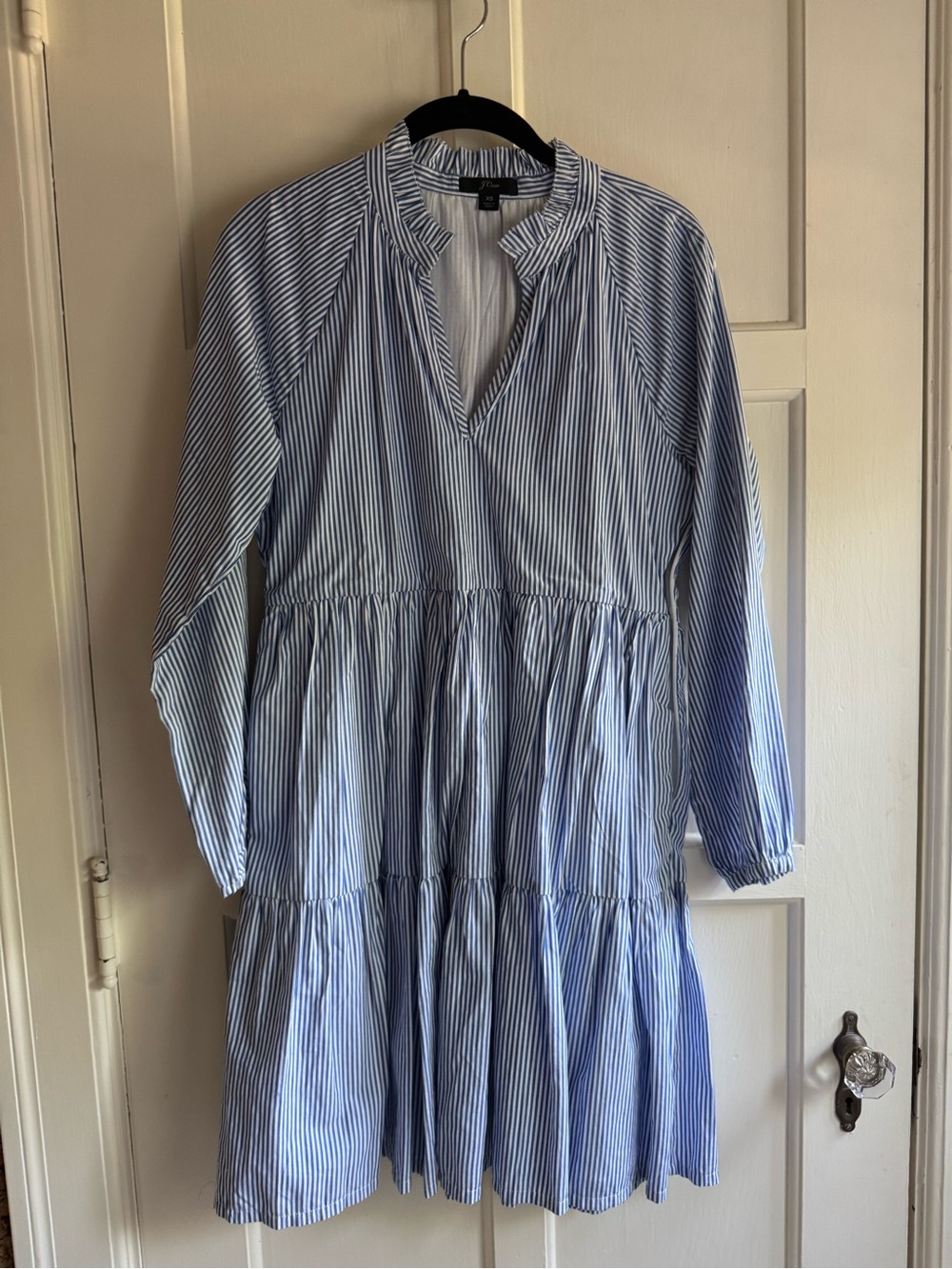 J. Crew Blue and White Striped Long Sleeve Tiered Cotton Dress